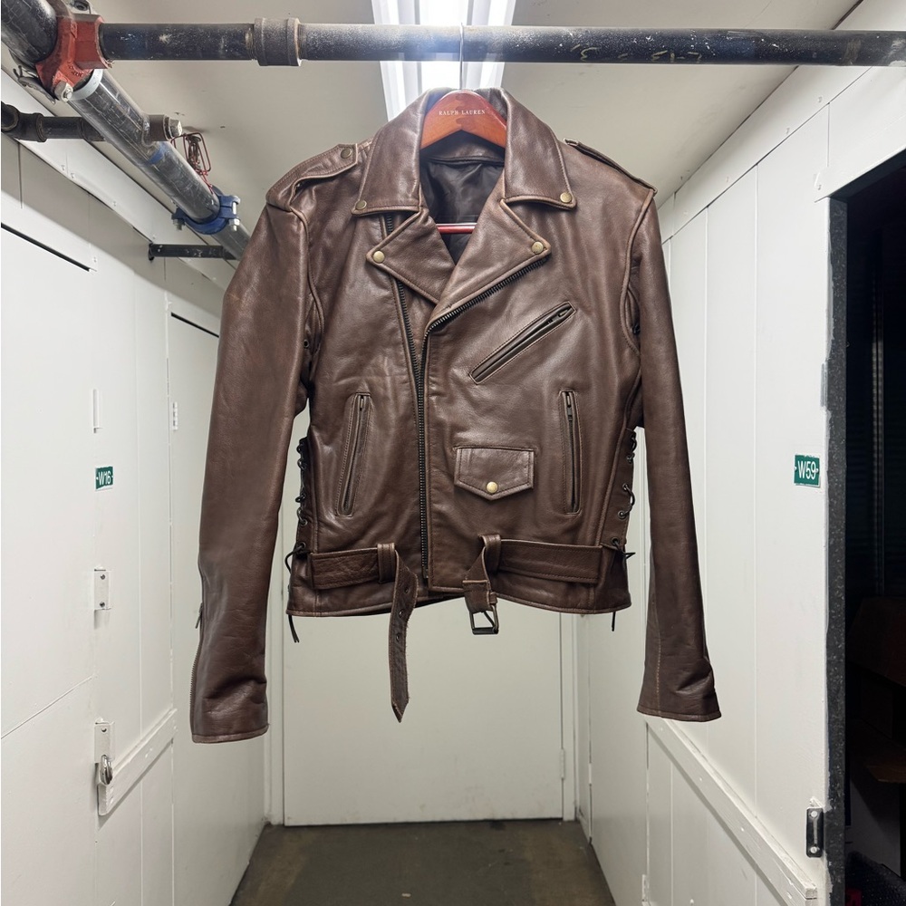Vintage 1990s Brown Heavy Leather Biker Motorcycle Jacket